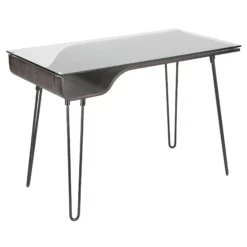 Avery Mid-Century Modern Desk In Dark Grey Wood, Clear Glass, And Black Metal By LumiSource - Madison Seating