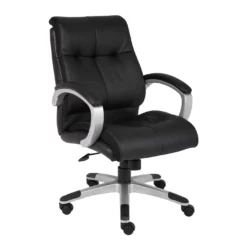 Back Double Plush Executive Office Chair With Black LeatherPlus Upholstery With Silver Finish By Boss Office Products - Madison Seating