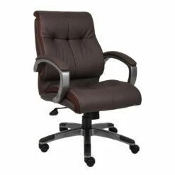 Back Double Plush Executive Office Chair With Bomber Brown LeatherPlus Upholstery With Pewter Finish By Boss Office Products - Madison Seating