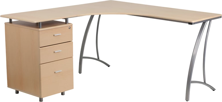 Beech Laminate L-Shape Desk With Three Drawer Pedestal - By Flash Furniture - Madison Seating 3 Beech Laminate L-Shape Desk With Three Drawer Pedestal - By Flash Furniture - Madison Seating
