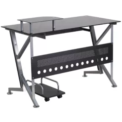Black Glass Computer Desk With Pull-Out Keyboard Tray And CPU Cart - By Flash Furniture - Madison Seating -furniture Shop Black Glass Computer Desk with Pull Out Keyboard Tray and CPU Cart by Flash Furniture 1