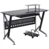 Black Glass Computer Desk With Pull-Out Keyboard Tray And CPU Cart - By Flash Furniture - Madison Seating -furniture Shop Black Glass Computer Desk with Pull Out Keyboard Tray and CPU Cart by Flash Furniture