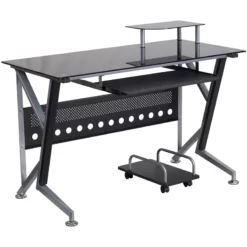 Black Glass Computer Desk With Pull-Out Keyboard Tray And CPU Cart - By Flash Furniture - Madison Seating -furniture Shop Black Glass Computer Desk with Pull Out Keyboard Tray and CPU Cart by Flash Furniture 2