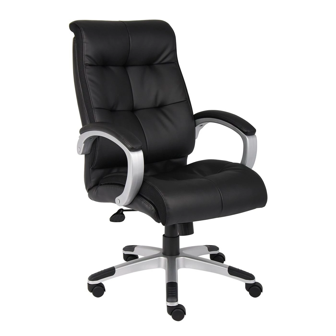 Double Plush Executive Office Chair With Black LeatherPlus Upholstery With Silver Finish By Boss Office Products - Madison Seating 3 Double Plush Executive Office Chair With Black LeatherPlus Upholstery With Silver Finish By Boss Office Products - Madison Seating