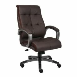Double Plush Executive Office Chair With Bomber Brown LeatherPlus Upholstery With Pewter Finish By Boss Office Products - Madison Seating