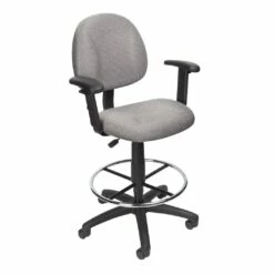 Drafting Stool With Adjustable Arms With Gray Crepe Fabric Upholstery By Boss Office Products - Madison Seating