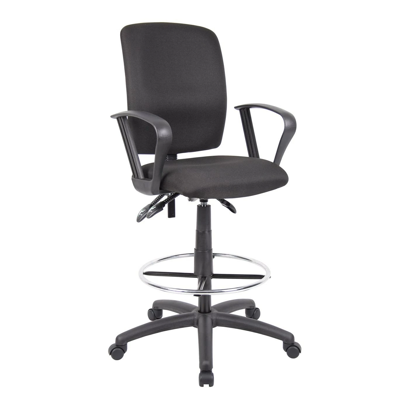 Drafting Stool With Loop Arms With Black Crepe Fabric Upholstery By Boss Office Products - Madison Seating 3 Drafting Stool With Loop Arms With Black Crepe Fabric Upholstery By Boss Office Products - Madison Seating