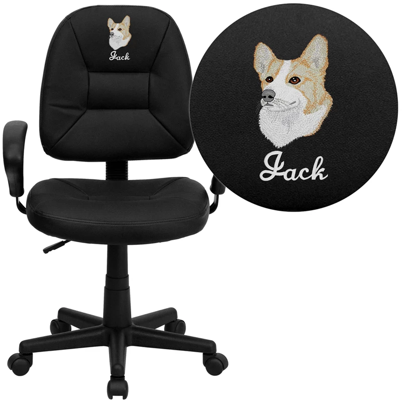 Embroidered Mid-Back Black Leather Ergonomic Swivel Task Chair With Adjustable Arms - By Flash Furniture - Madison Seating 3 Embroidered Mid-Back Black Leather Ergonomic Swivel Task Chair With Adjustable Arms - By Flash Furniture - Madison Seating