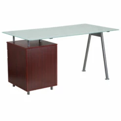 Glass Computer Desk With Mahogany Three Drawer Pedestal - By Flash Furniture - Madison Seating -furniture Shop Glass Computer Desk with Mahogany Three Drawer Pedestal by Flash Furniture 1