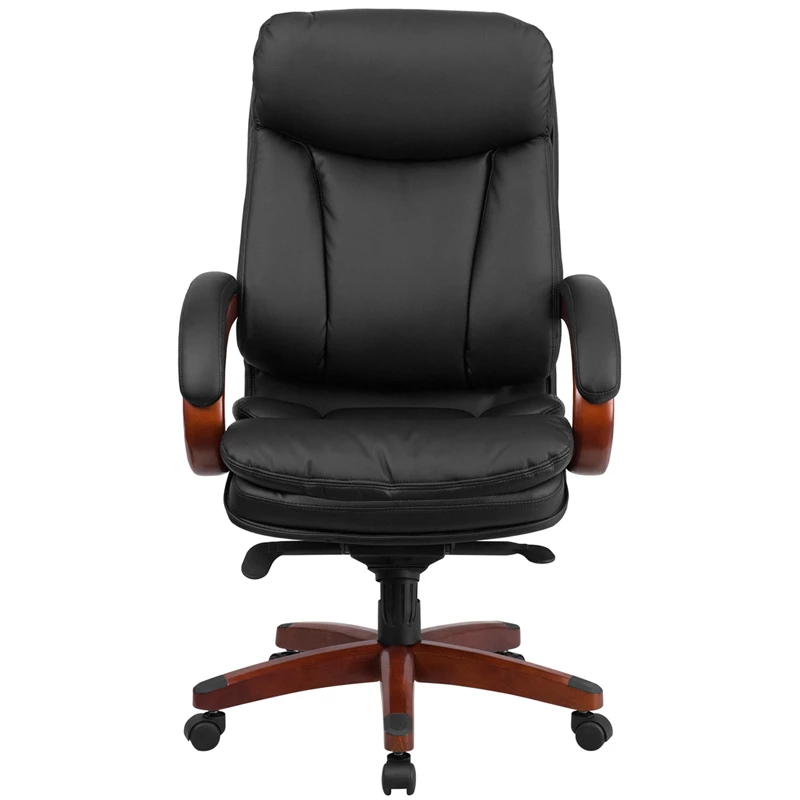 High Back Black Leather Executive Swivel Chair With Synchro-Tilt Mechanism, Mahogany Wood Base And Arms - By Flash Furniture - Madison Seating 4 High Back Black Leather Executive Swivel Chair With Synchro-Tilt Mechanism, Mahogany Wood Base And Arms - By Flash Furniture - Madison Seating - Image 2