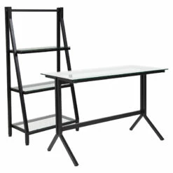 Highland Collection Glass Computer Desk And Bookshelf With Black Metal Frame By Flash Furniture - Madison Seating