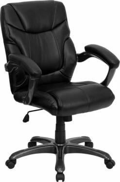 Mid-Back Black Leather Overstuffed Swivel Task Chair With Arms - By Flash Furniture - Madison Seating