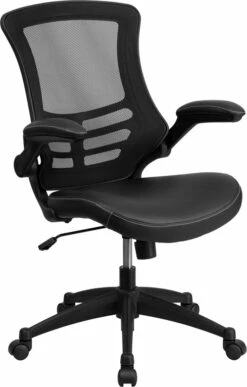 Mid-Back Black Mesh Swivel Task Chair With Leather Seat And Flip-Up Arms - By Flash Furniture - Madison Seating