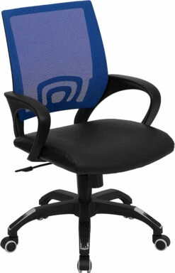 Mid-Back Blue Mesh Swivel Task Chair With Black Leather Seat And Arms - By Flash Furniture - Madison Seating