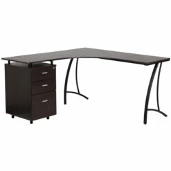 Walnut Laminate L-Shape Desk With Three Drawer Pedestal - By Flash Furniture - Madison Seating