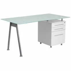 White Computer Desk With Glass Top And Three Drawer Pedestal - By Flash Furniture - Madison Seating