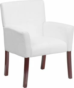 White Leather Executive Side Reception Chair With Mahogany Legs - By Flash Furniture - Madison Seating