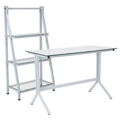 Winfield Collection Glass Computer Desk And Bookshelf With White Metal Frame By Flash Furniture - Madison Seating